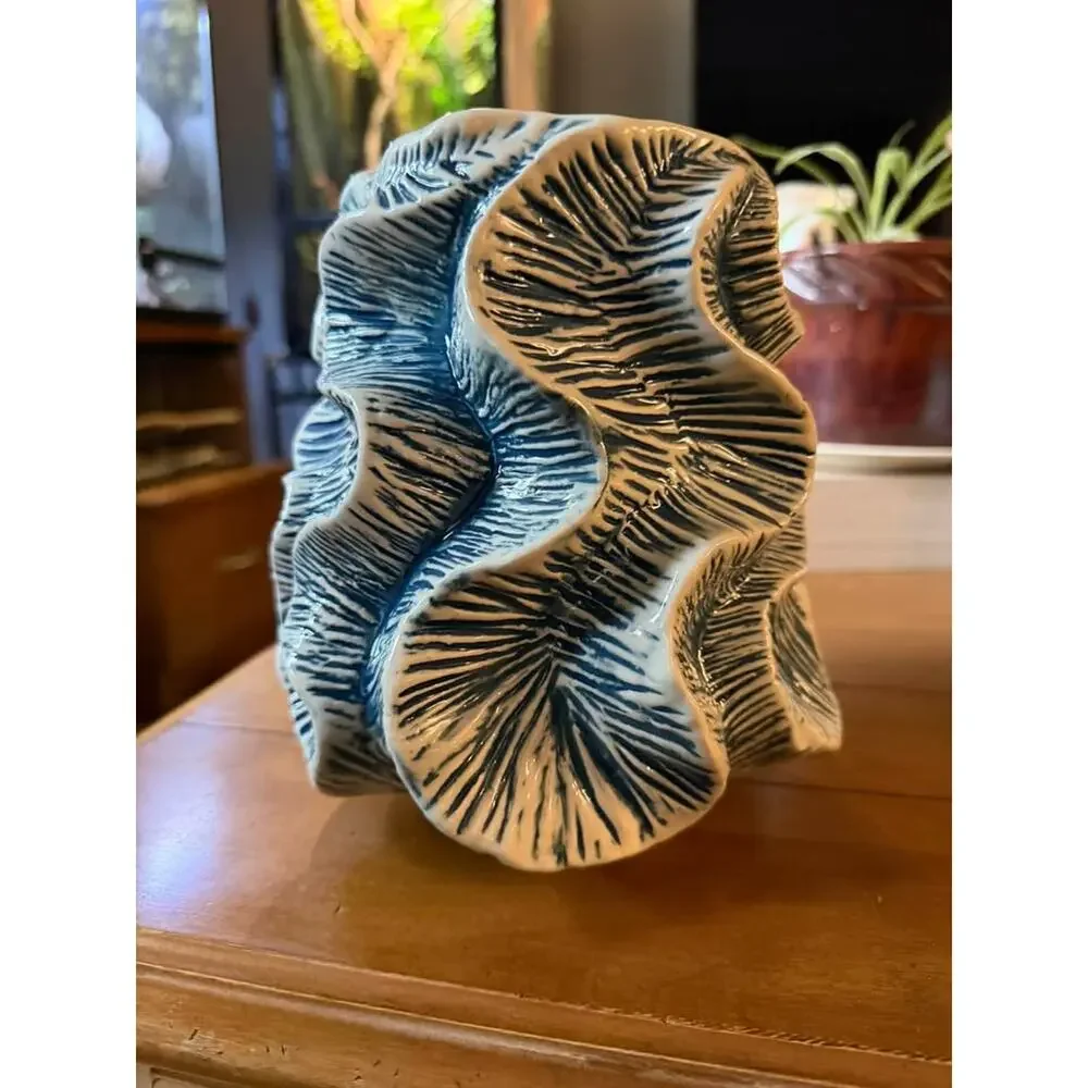 Bloomingville Sculptural Blue & White Ceramic Leaf Vase